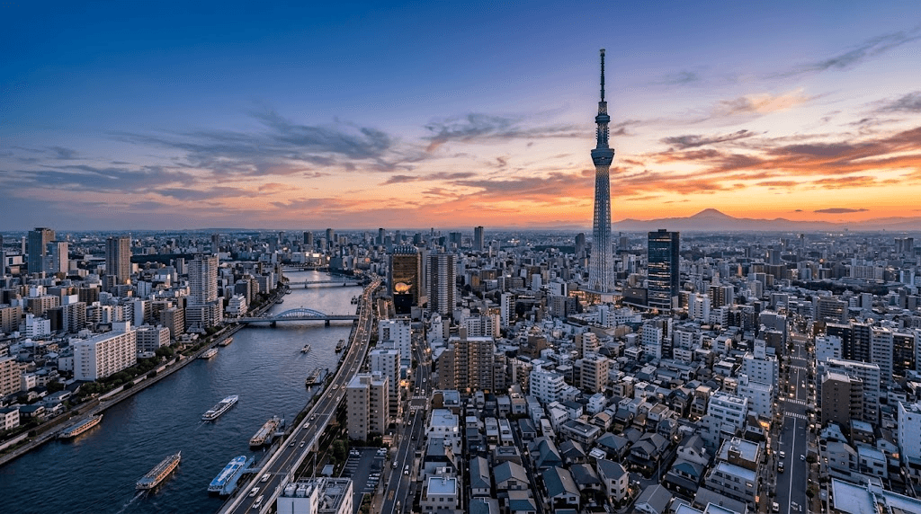 夕暮れの東京 — スカイツリーと富士山を望む都市風景